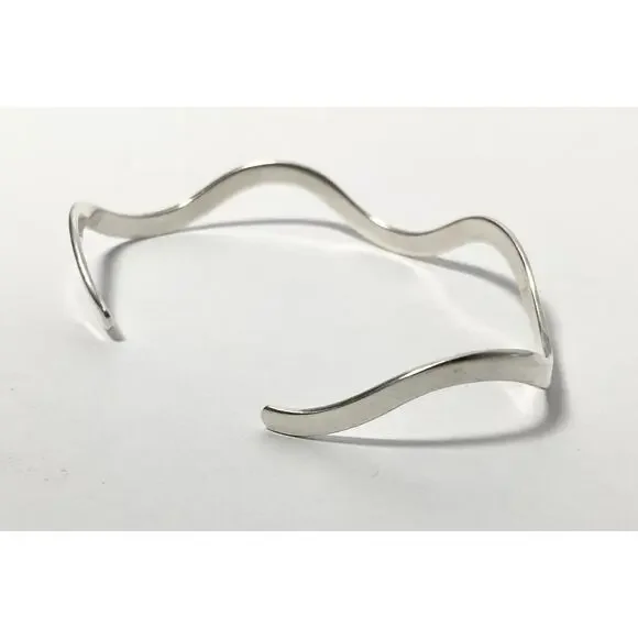 Minimalist Sterling Silver .925 Fluid Wavy Open Cuff Adjustable Bracelet - Picture 4 of 5